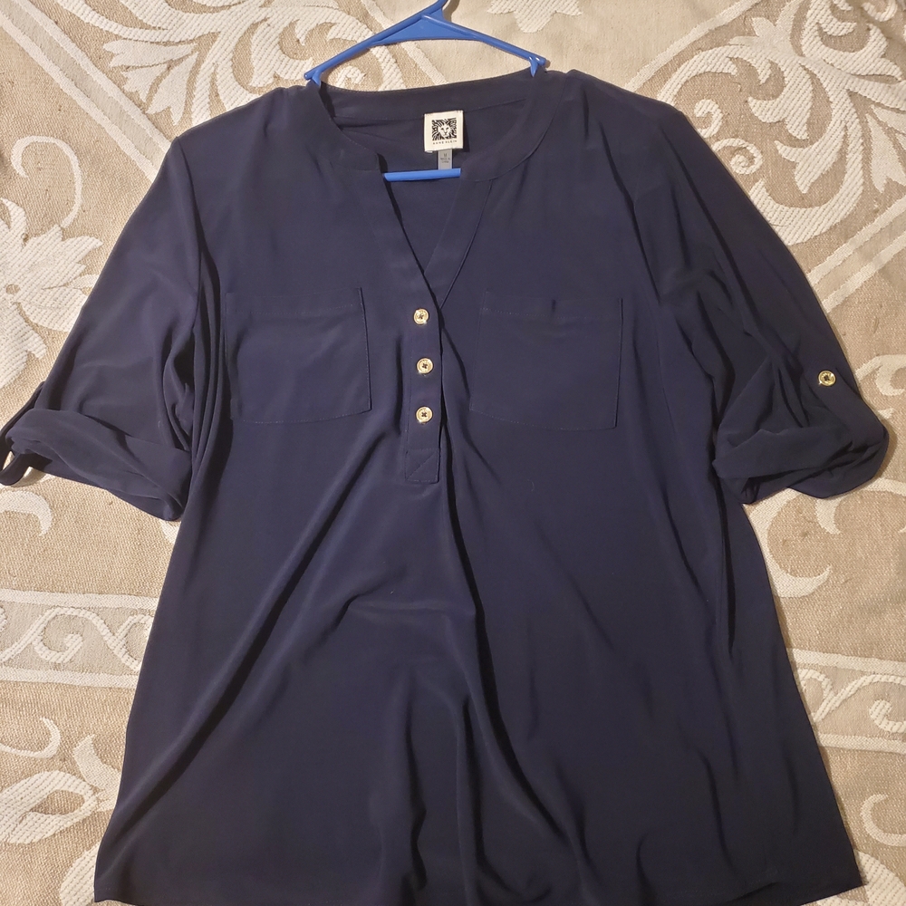 Anne Klein Midnight Blue V-Neck Blouse